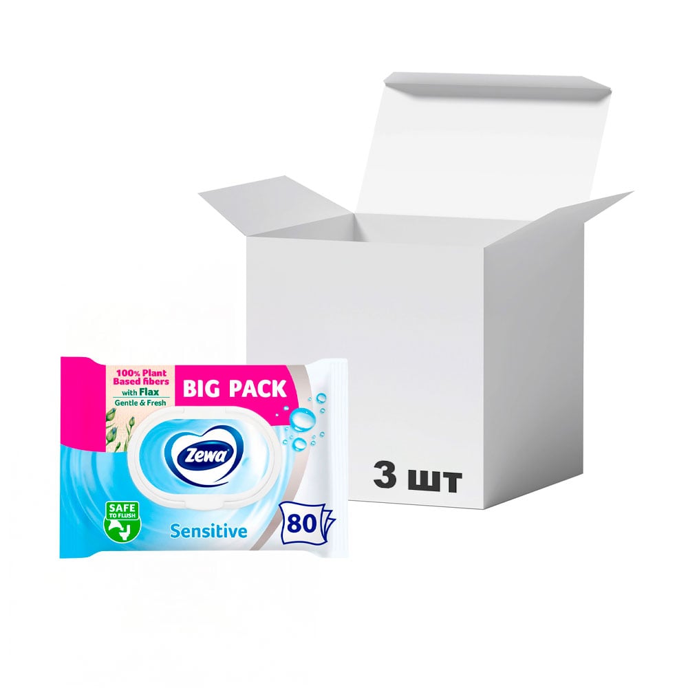 Упаковка вологого туалетного паперу Zewa Sensitive без аромату, 1-шаровий, 80 шт * 3 шт